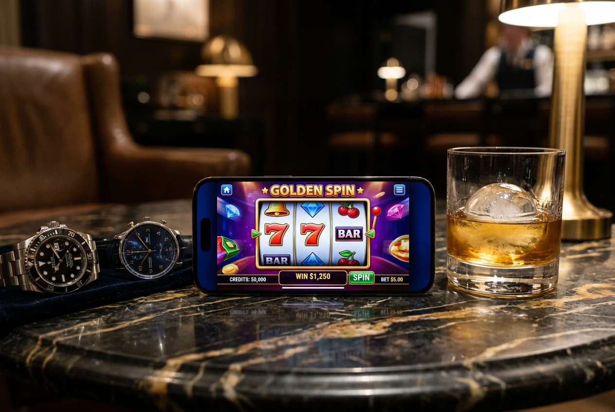 A high-end professional photograph of a smartphone displaying a colorful digital slot machine game