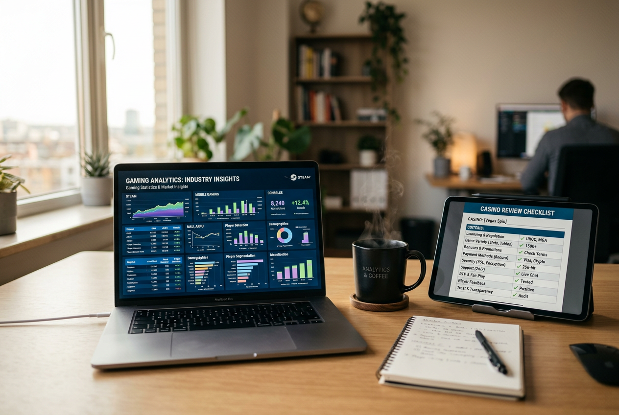 A professional workspace with a laptop and tablet used for evaluating online casinos.